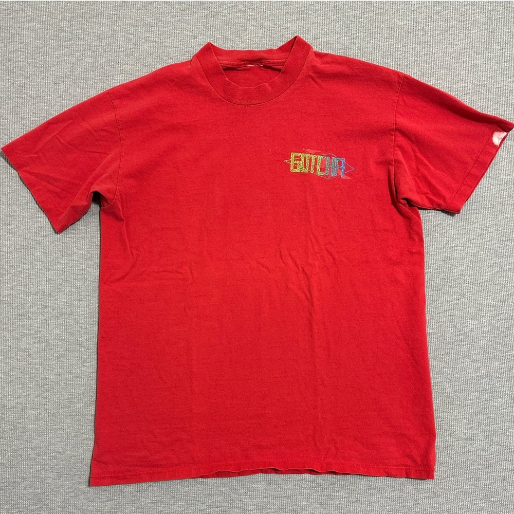 Vintage 1989 Gotcha Surf Double Sided Rainbow Multicolor Spellout Tee Red Medium